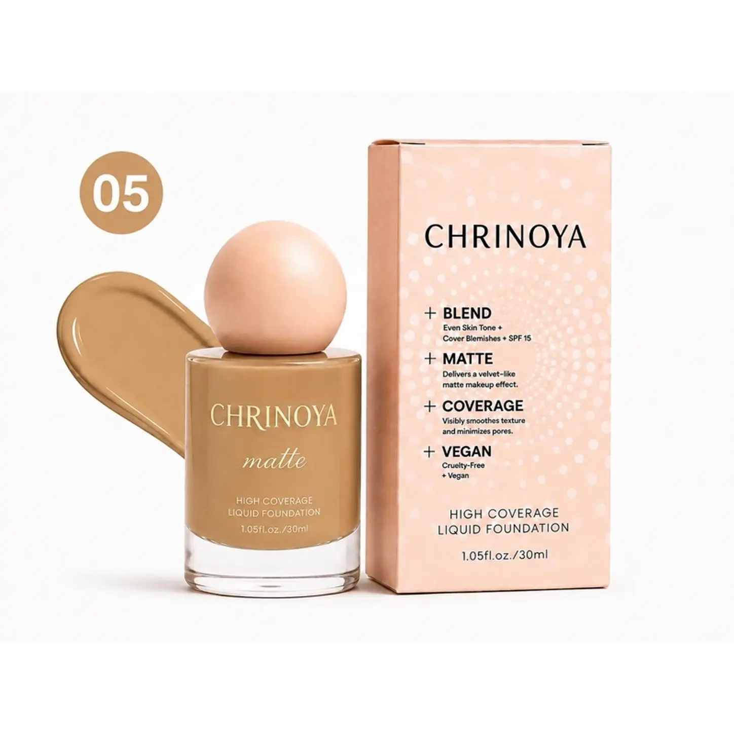 Chrinoya Water-Based Matte Liquid Foundation provides smooth, high coverage with a lightweight, velvety matte finish. Its easy-to-blend formula helps create an even-looking complexion while minimizing the appearance of pores and uneven texture.  Shade: 10