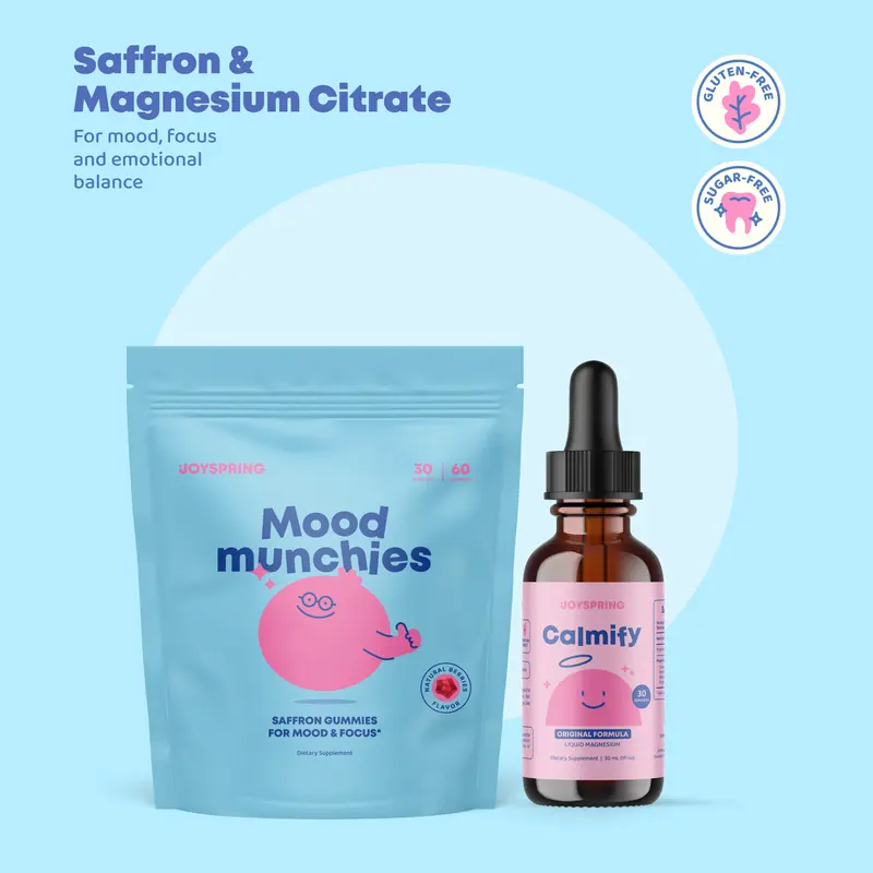 JoySpring Calm & Reset Routine | Saffron Mood Munchies Gummies for Mood and Focus + Calmify Liquid Magnesium for Calm and Restful Evenings