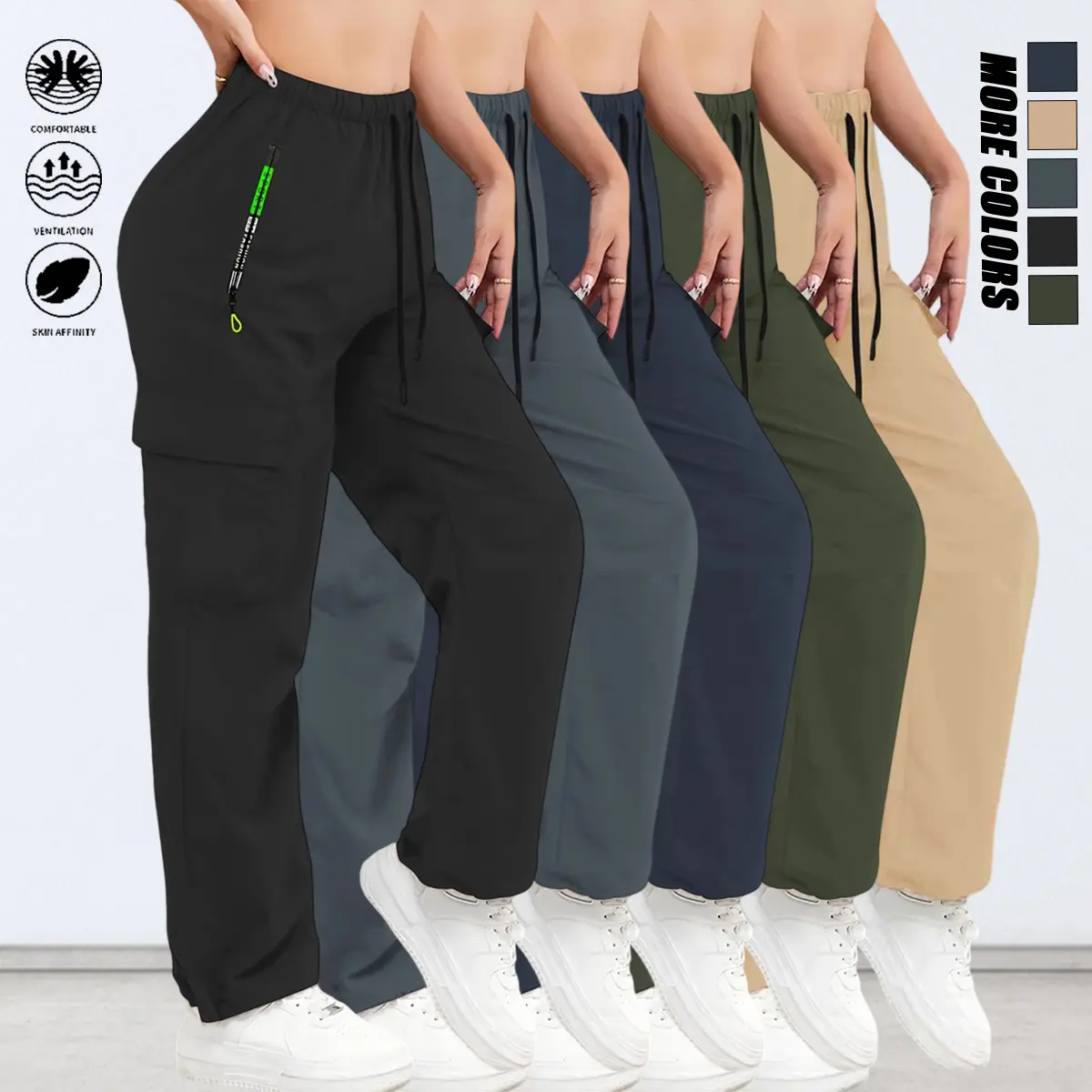 Women's Basic Cargo Pants, Solid Polyester Blend Activewear with an Elastic Drawstring Waist for Casual Daily Wear, Athletic, Black + Gray + Dark Blue + Army Green + Khaki, Sports Clothes, Military Style, Elastane, Adjustable Draw, All Season, Soft Fabric