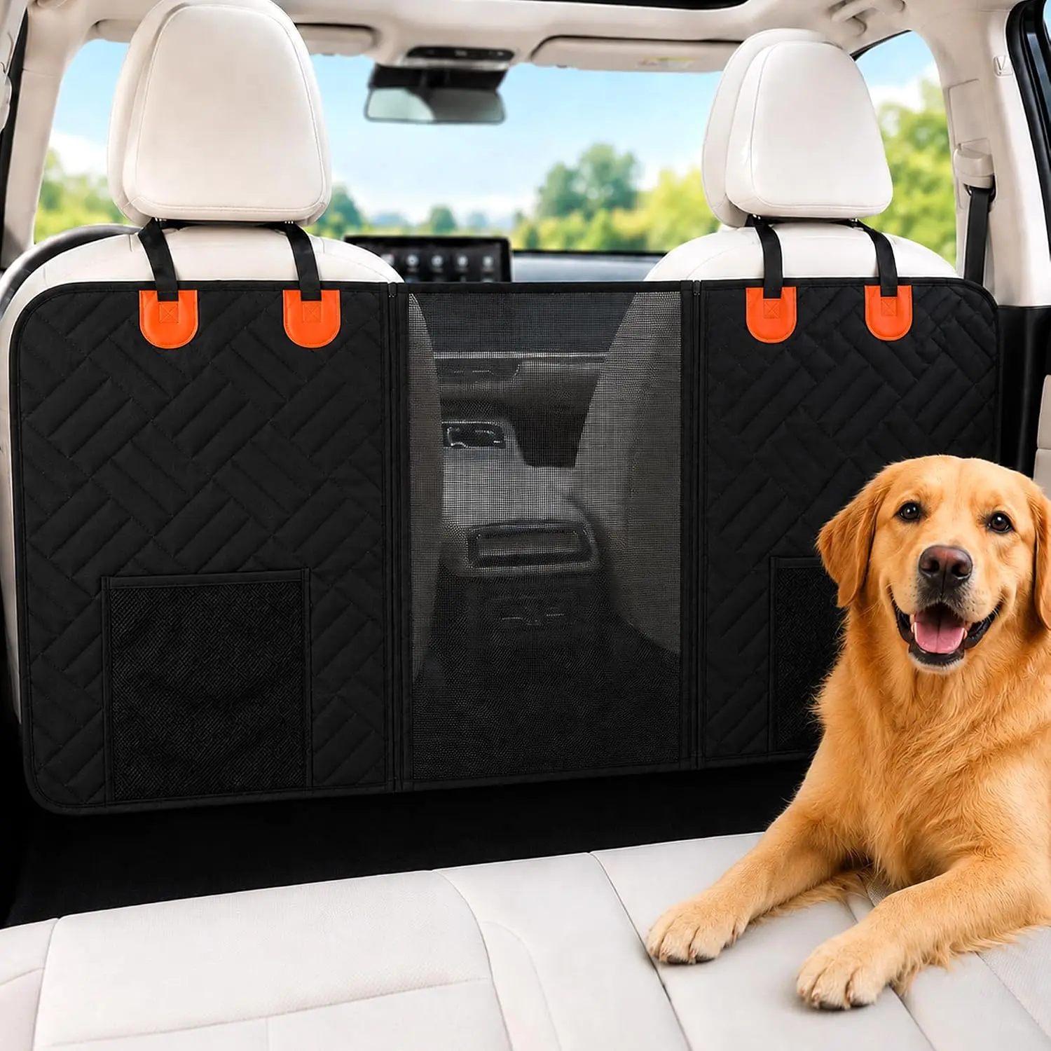 Dog Car Barrier, Cars Net for Dogs Divider with Mesh Organize, Pet Barrier Protects Front Seat from Kids Dirty Kicks, Universal Fit for Car/SUV/Truck (Black)