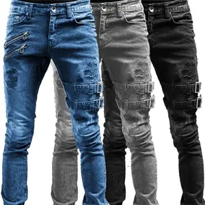 Men Slim Biker Ripped Long Denim Trousers Skinny Jeans Pocket Side Straps and Zips Male Jogging Pants Destroyed Stretchy Pants Streetwear Casual Wear