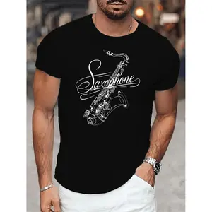 Men's Casual Crew Neck Polyester TShirt Featuring Saxophone Print with Slight Stretch and Geometric Musical Pattern for Summer Streetwear Crewneck Shortsleeve Top