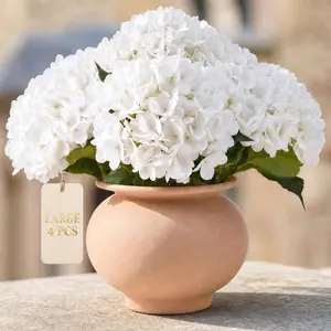 196-Petal Artificial Hydrangea Flowers for Indoor & Outdoor Decor, 4PCS Real Touch White Faux Silk Hydrangea with 21" Long Stems, Realistic Leaves & Protected Blooms for Tall Vases, Table Centerpieces