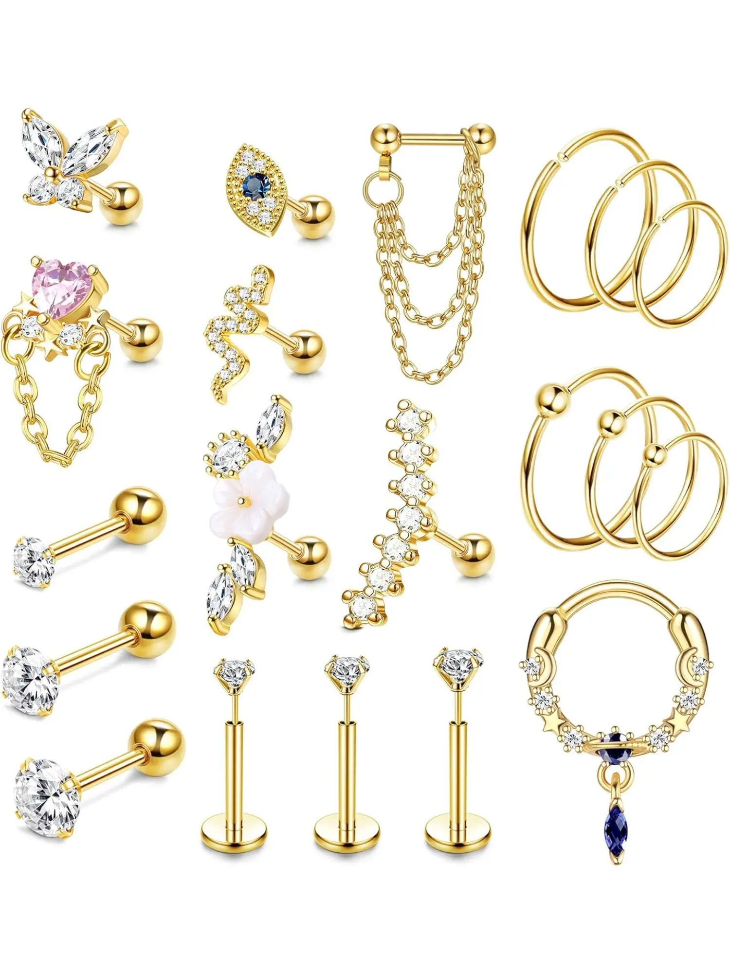 20 pcs 16g Cartilage Earring Stud Hoop Tragus Stud Earring Cartilage Piercing Jewelry Forward Helix Earrings Crystal Hoop Earrings