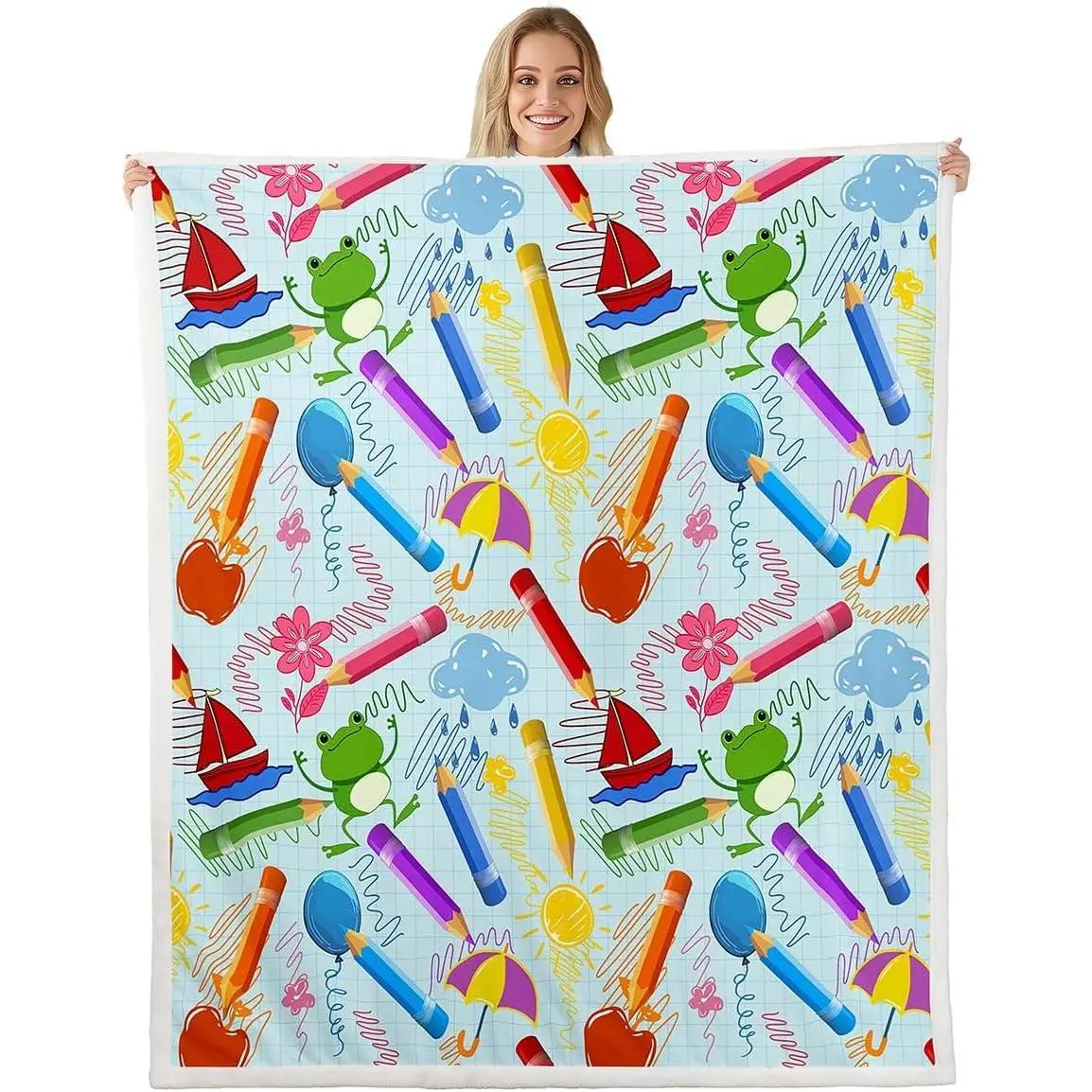 Kids Cartoon Pencil Sherpa Blanket Colorful Nursery Fleece Throw Blanket Cute Crayon Plush Blanket for Kids Boys Girls Funny Art Printed Fuzzy Blanket Baby