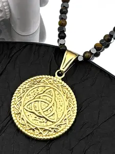 Viking Witch Knot Pendant Necklace Women Men Stainless Steel Gold Color Irish Celtic Trinity Knots Tiger Eye Stone Chain