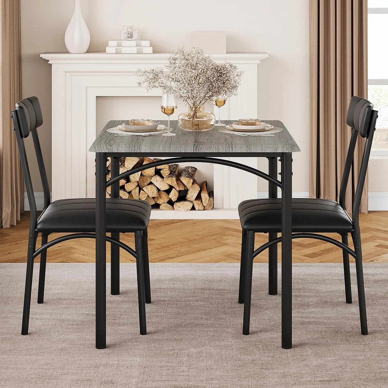 Dining Table Set for 2, Kitchen Table with 2 Upholstered Chairs, 3 Piece Square Dining Room Table Set, for Small Space, Apartment, Home, Kitchen, Retro Gray Foam