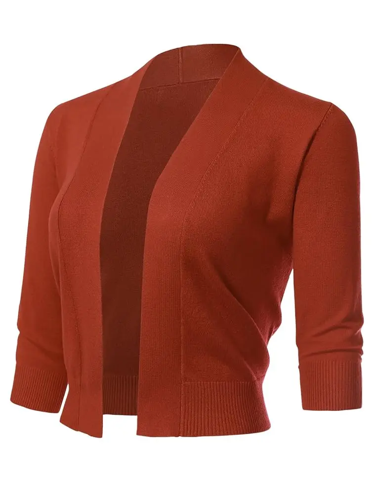 Allsense Women's Minimalist Short 3/4 Sleeve Open-Front Cropped Bolero Cardigan, Lightweight Knit Style Top for Spring-Summer Layering, Casual Everyday Jacket