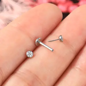 Oufer 16G Titanium Tiny Bezel CZ Threadless Push Pin Flat Back Helix Tragus Lobe Cartilage Earing