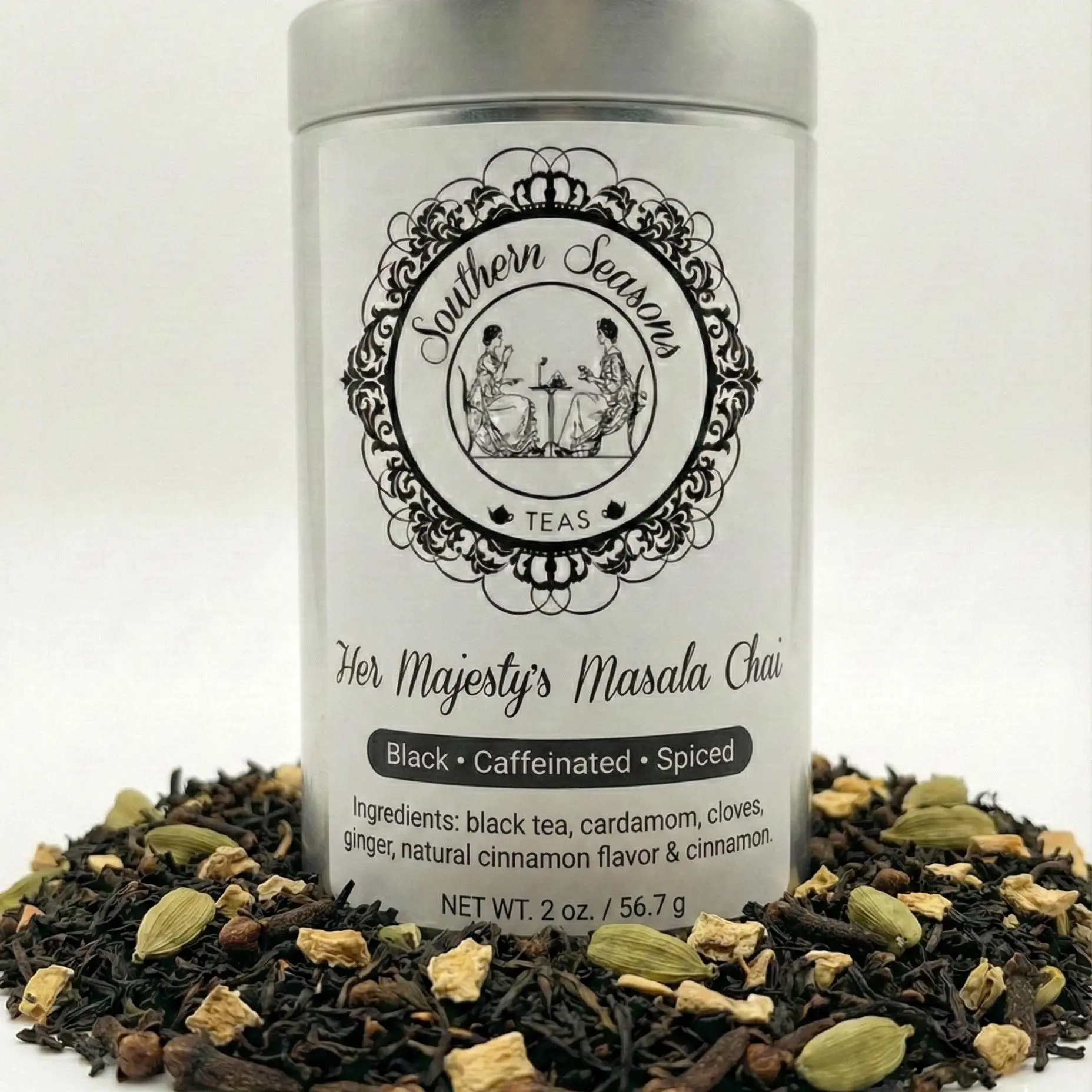 Premium Spiced Ceylon Black Tea 'Her Majesty’s Masala Chai' | Loose Leaf 2oz Robust Black Tea with Spicy Aromatic Kick of Ginger and Cardamom | Southern Seasons Tea