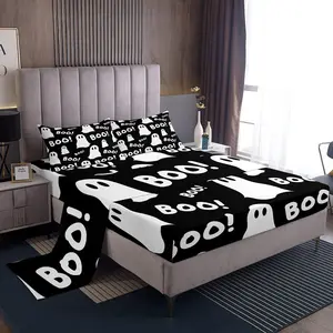 Halloween Bed Sheets Set,Cute Ghost Sheet Set,Boys Girls Decor Ghost Print Sheets with Deep Pocket Fitted Sheet,Black Halloween Theme Bed Set