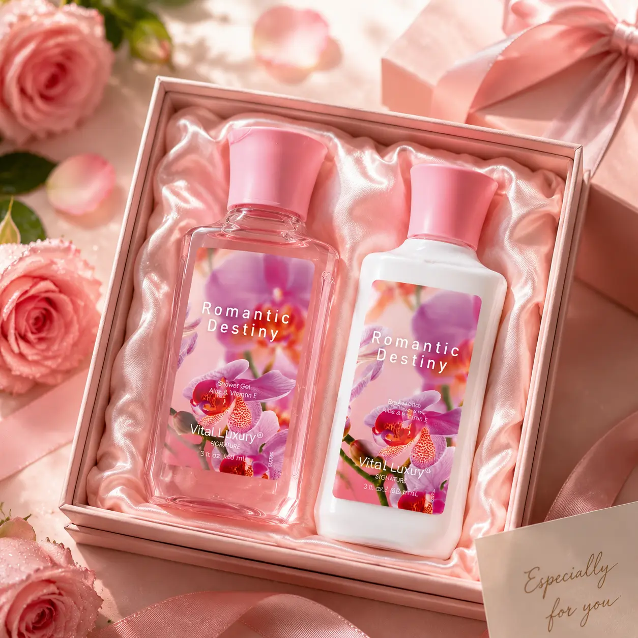 Vital Luxury 2-piece body care set featuring a moisturizing, nourishing body wash and a scented body lotion/deodorant cream that leaves behind a sweet, unique fragrance. Perfect for dates, parties, and gifting.