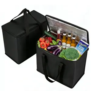 1 Pc Insulated Shopping Bags For Groceries，Black Collapsible Cooler，Insulated Reusable Grocery Shopping Bag，Food Delivery, Cooler Bag, Heavy Duty, Large Size, Durable Handles, Dual Tab Zips, Lid, Stands Upright, Collapsible, Sustainable