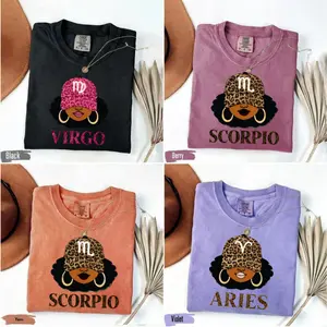 Comfort Colors [Full 12 Zodiac] Zodiac Vibes T-Shirt – Afro Woman Astrology Sign Pullover with Sparkly Hat Graphic, Unisex Horoscope Crewneck Gift- DarkFlex