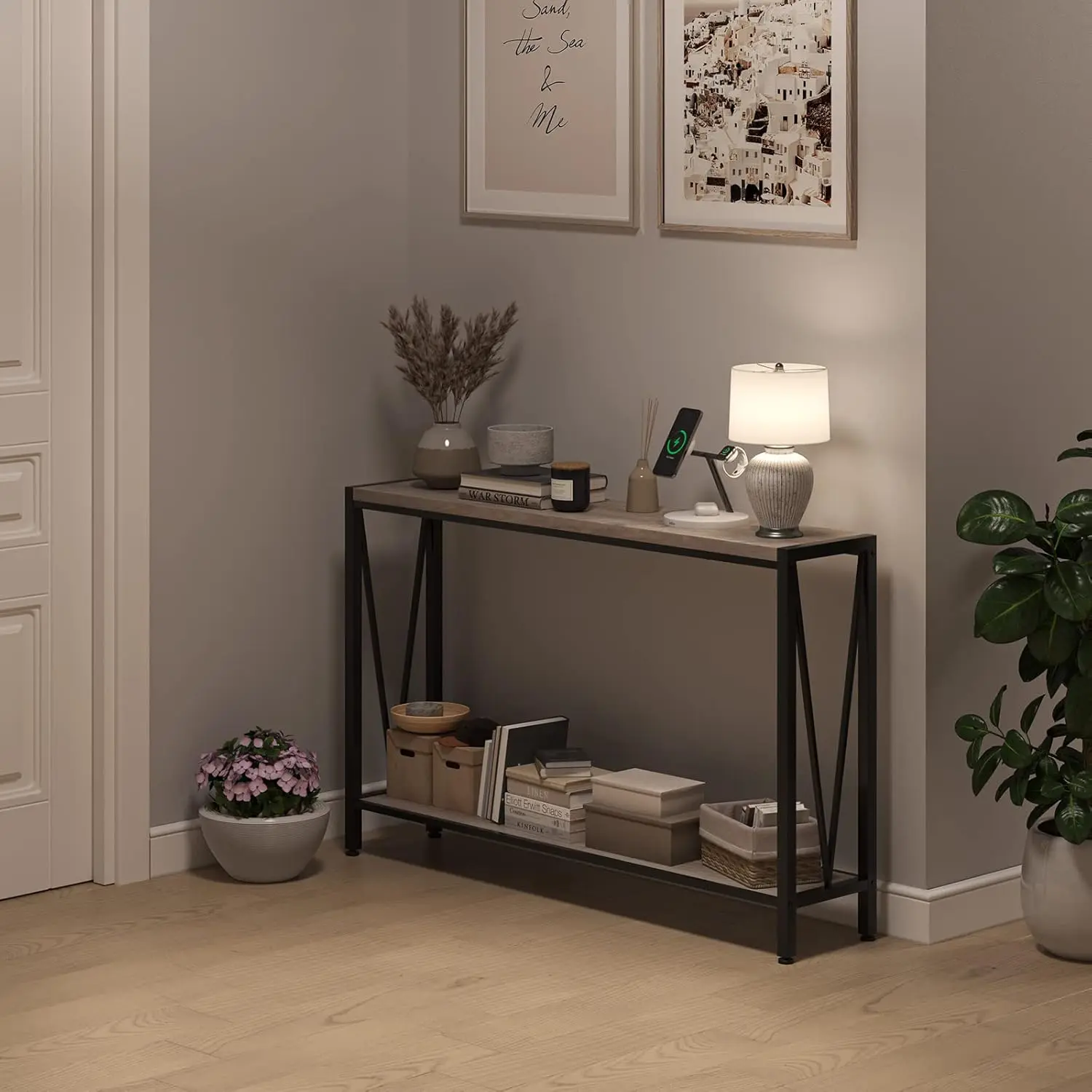 43-Inch Narrow Profile Iron Console Table, 2-Tiered V-Design Gray Industrial Freestanding Entryway Furniture with Storage, Sturdy Base for Sofas, Corridors, Assembly Required