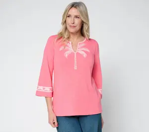 Belle Beach by Kim Gravel Slub Knit Palm Embroidered Split Neck Top