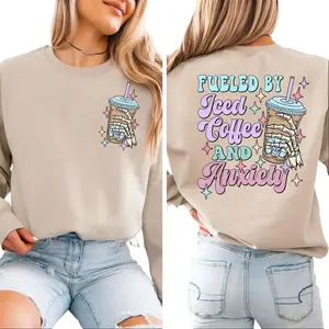 Funny Fueled By Iced Coffee And Anxiety Sweatshirt, Coffee Lover Graphic Tee, Sarcastic Mama Anxiety Humor Shirt, Coffee Addict Outfit Hoodie, Unisex Sweater Pullover Tee