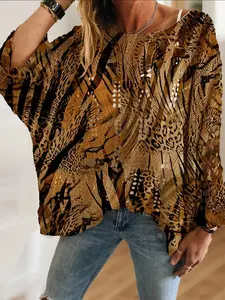 Spring Summer Women's Shoulder Cut Batwing Sleeve Knit Top with Tiger Print, Lightweight Breathable Long Sleeve, Casual Elegant Vacation Wear, Casual Boho Soft, Womenswear