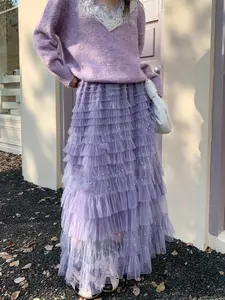 French Romantic Mesh Layered Cake Skirt, Spring Summer New Elastic Waist Loose Fit A-Line Long Dress, Casual Party Wear