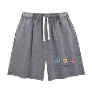 Life Is Good Colorful Daisy Flowers Unisex Acid Washed Cotton Blend Shorts, Relaxed Fit Drawstring Waist with Pockets Vintage Gray Casual Shorts, Soft Comfortable Streetwear Bottoms for Travel Daily Wear
