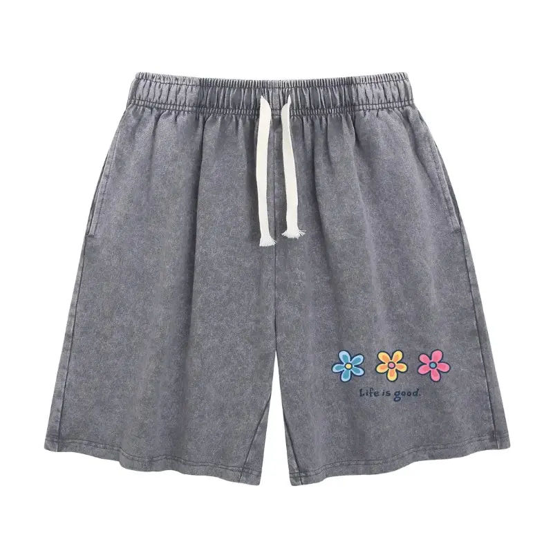 Women's Acid-Washed Cotton Blend Shorts - Life Is Good Colorful Daisy Unisex Baggy Relaxed Fit, Adjustable Drawstring Waist with Pockets, Vintage Gray Casual Fashion Bottoms for Travel Daily Wear, Shorts For Women, Baggy Cotton Shorts