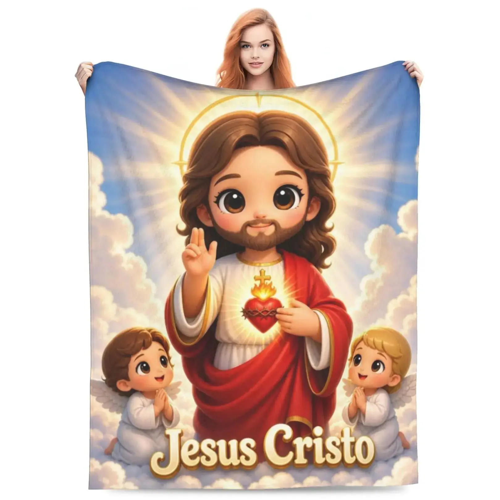 Cute Jesus Cristo Sacred Heart Flannel Throw Blanket, Soft Warm Lightweight Fleece, Christian Faith Angel Sky Decor for Bed Sofa Bedroom, Ideal Easter Christmas Gift For Believers