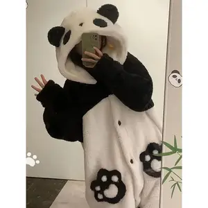 Cute Panda Hooded Onesie Sleepwear Women's Casual Polyester Long Sleeve Zipper Fluffy Night Dress Adult Cosplay Costume Warm Home Loungewear for Fall/Winter