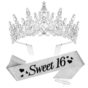 16th Birthday Crown and Sash Set -  Tiara and Glitter Sash -  Size Fit  -  for Girls and Women - Sweet 16 Birthday Party Gifts