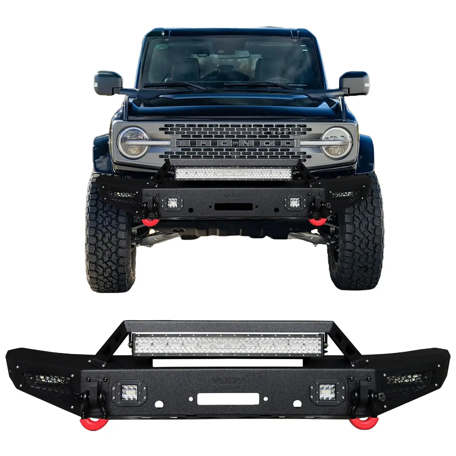 TIOYAR Metal Front Bumper with Black Texture, Winch Plate, 2 D-Rings, LED Lights, Durability & Enhanced Visibility for 2021-2025 Ford Bronco Off-Road Performance Simple screw installation