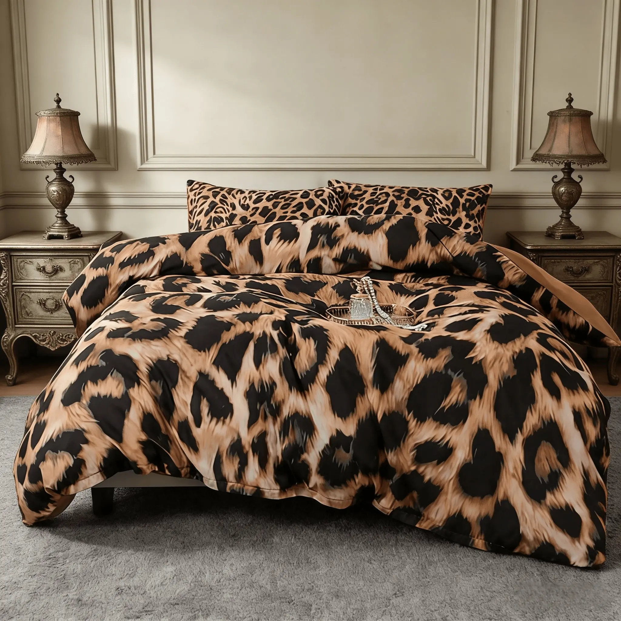 Leopard print 3-piece duvet cover set, including 1 Decorative duvet cover and 2 pillowcases (without inserts), a stylish bedding accessory suitable for modern home decoration.