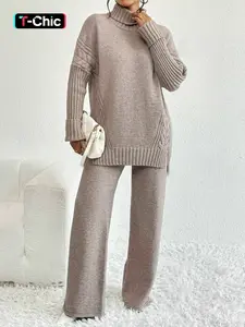 Women's Textured Split High Low Hem Long Sleeve Sweater & Wide Leg Knitting Pants, Casual Fashion Cozy Turtle Neck Jumper & Trousers for Daily Outdoor Wear, Women's Knitwear for Fall & Winter