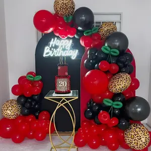 160 PCS Red & Black Balloon Arch Kit with Leopard Print for Cherry-Themed Baby Shower & Party