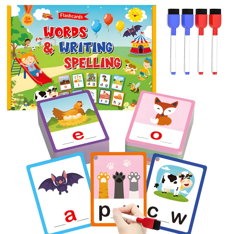 100 PCS Reusable CVC Sight Words Flash Cards - Phonics Spelling Writing Game, Vocabulary Flashcards for Preschool Learning, Classroom & Quiet At-Home Activities, Alphabet Back-to-School Birthday Gift