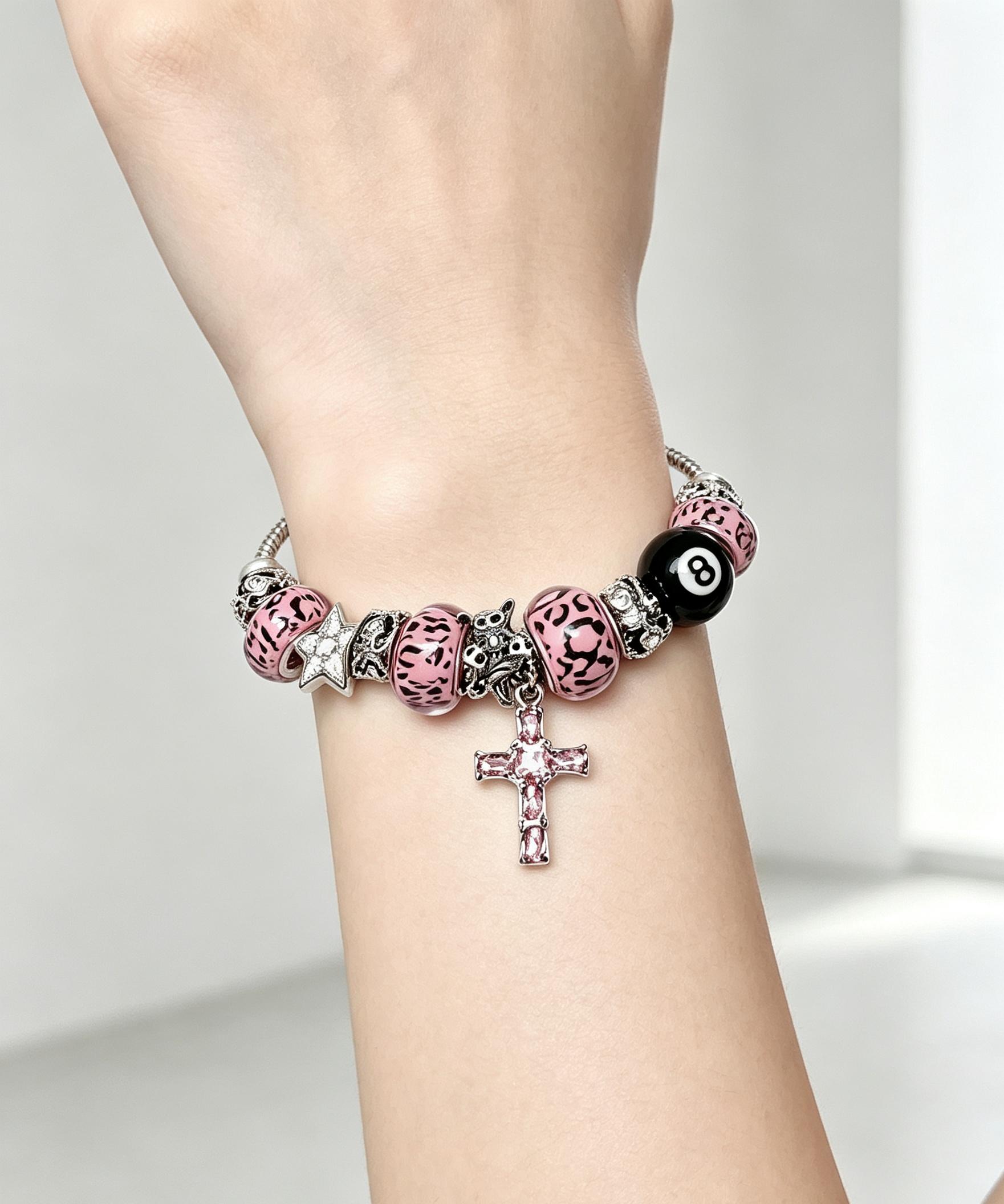 Pink Leopard Print Beaded Charm Bracelet, Black 8 Ball & Pink Crystal Cross Dangle Snake Chain Bracelet