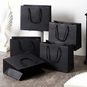 1/5pcs Black Horizontal Paper Gift Bag, Clothing Bag, Birthday Gift Paper Bag, Holiday Party Kraft Paper Outer Packaging Bag, Party Supplies, Gift Wrapping Supplies, Party Decorations