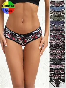 Random 6 Pcs Women's Underwear Set, Fashion Panties, Gothic Skull & Ghost Print, Letter Lace Design, High Elasticity, Skin-Friendly, Breathable, Comfortable