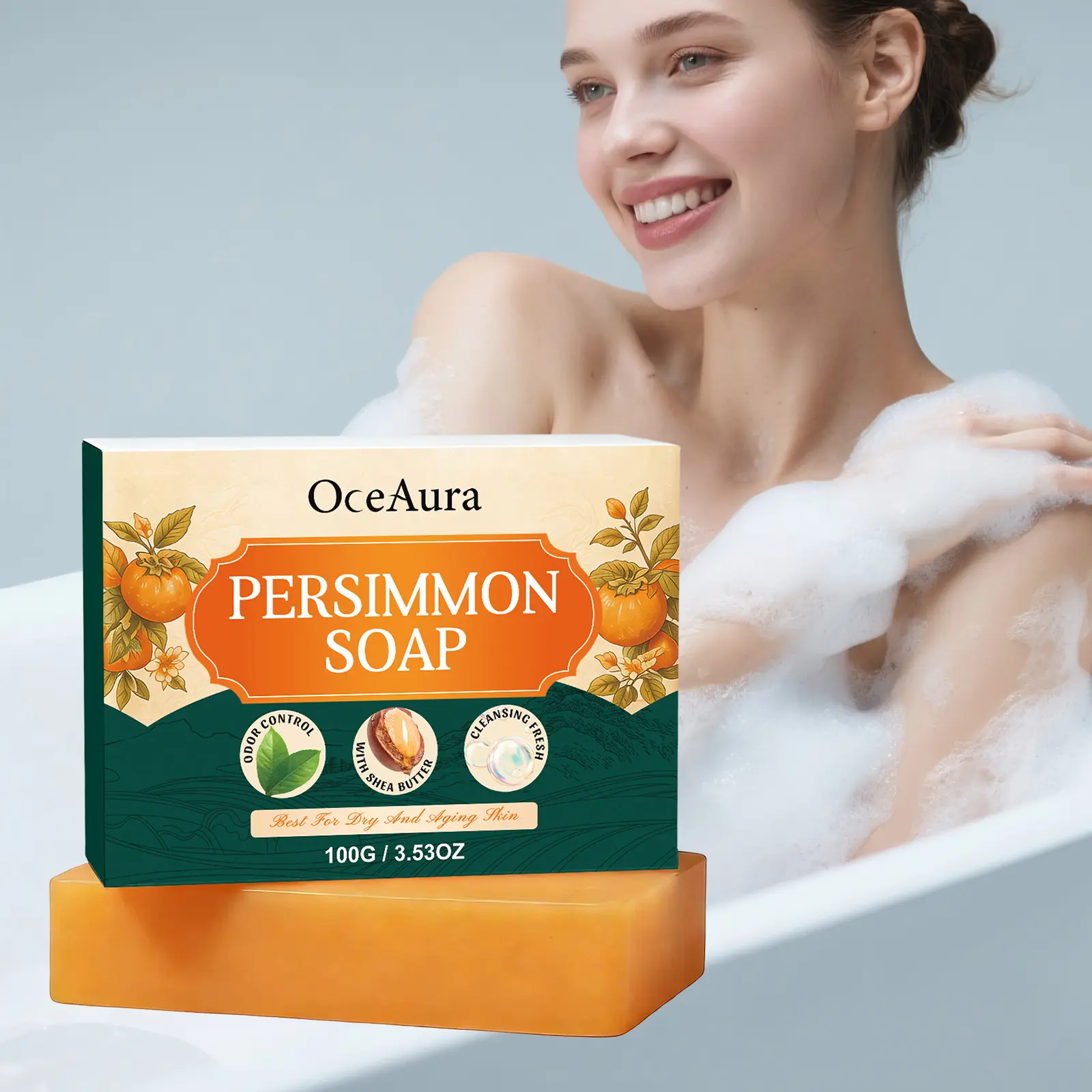 OceAura Persimmon Cleansing Soap, Gentle Formula for Skin, Refreshing & Nourishing Body Facial Cleansing Bar