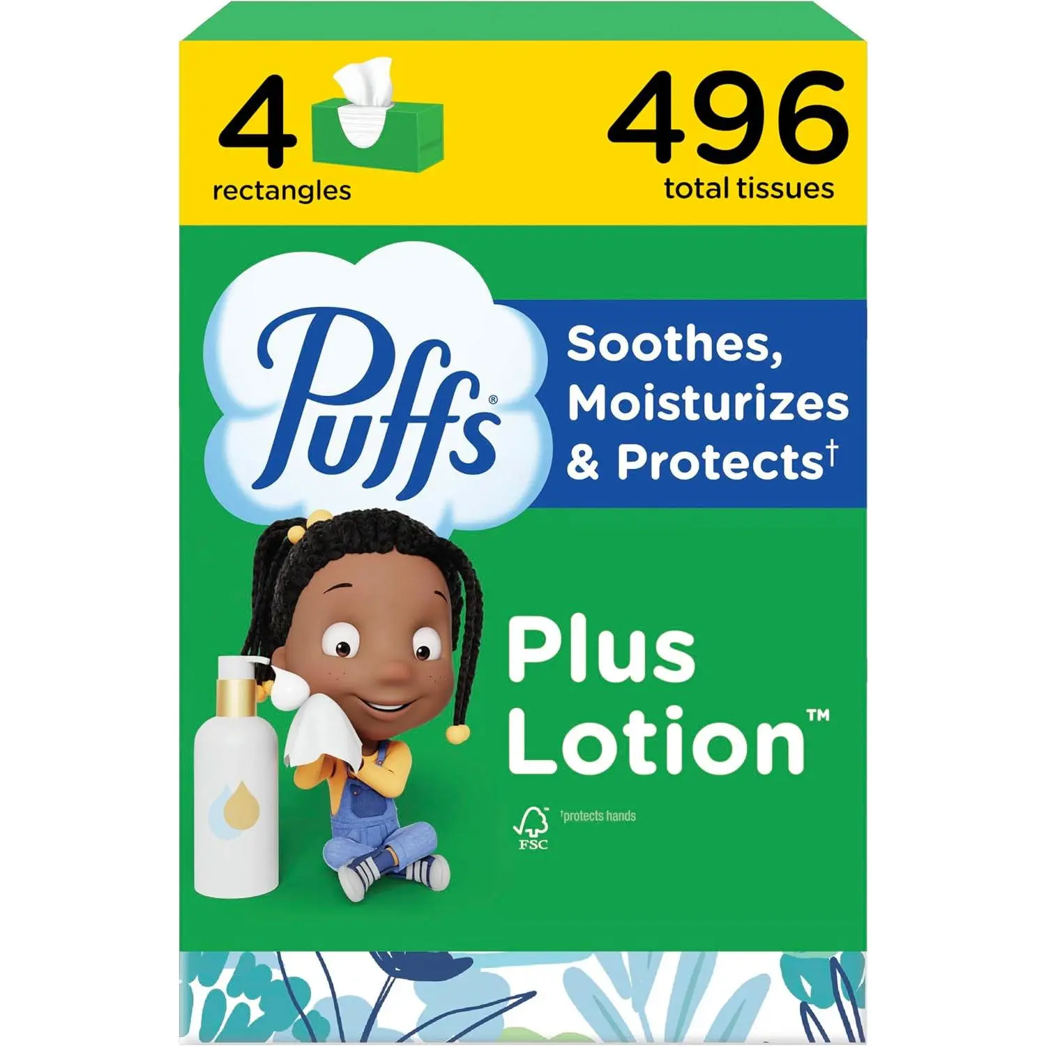 Puffs Plus Lotion Facial Tissues, 4 Family Boxes, 124 Tissues per Box, Soft Tissues for Allergies & Colds