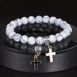 2pcs Black Volcanic Stone Cross Pendant Bracelet For Men Jewelry gifts for couples