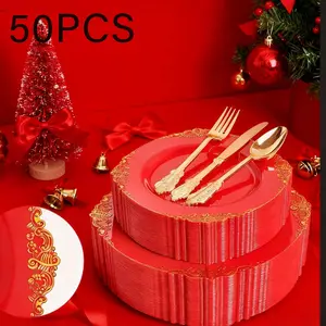 50pcs Plastic Plates Set, Disposable Tableware for Large Gatherings, Includes 20 Platters and Cutlery, Ideal for Weddings and Parties