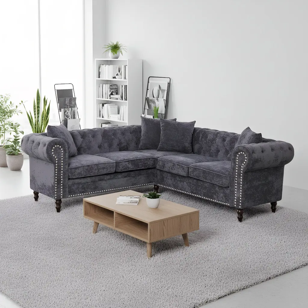 5.2ft Modern Luxury L-Shaped Sectional Sofa - Premium Velvet 5-Seater with Tufted Diamond Backrest & Chrome/Gold Accent Arms | Plush Deep-Seat Cloud Cushions, Space-Saving Compact Design for Apartments (Tool-Free 30-Min Assembly) Gray Leather Sofa, Couch,