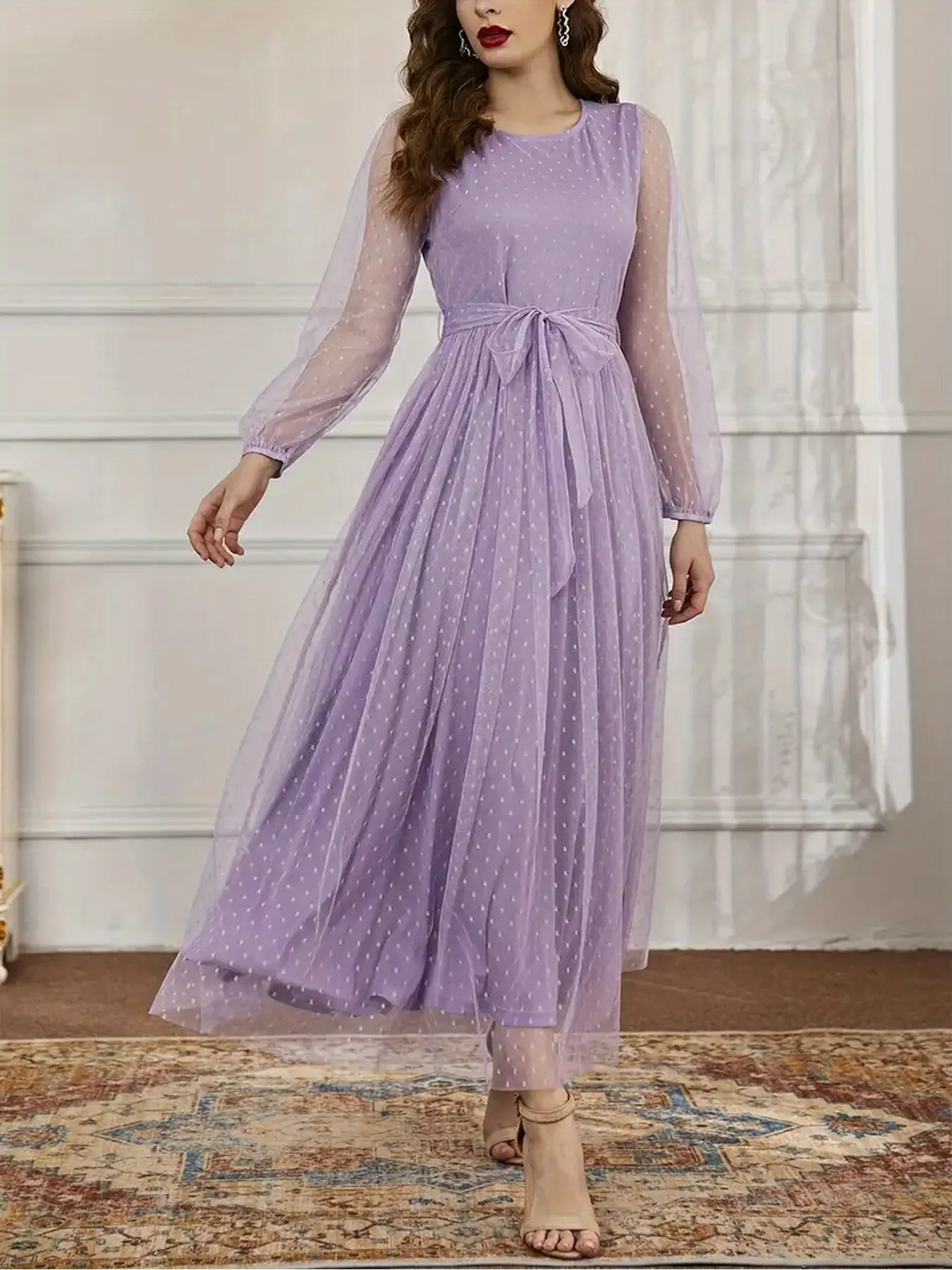 Mesh Maxi Dress for Women, Sheer, Lightweight, Fairy & Soft Vibe, Polka Dot Print, Flowy Skirt, Elegant Loose-Fitting Formal Evening Dress, Perfect for Wedding, Prom, Brunch