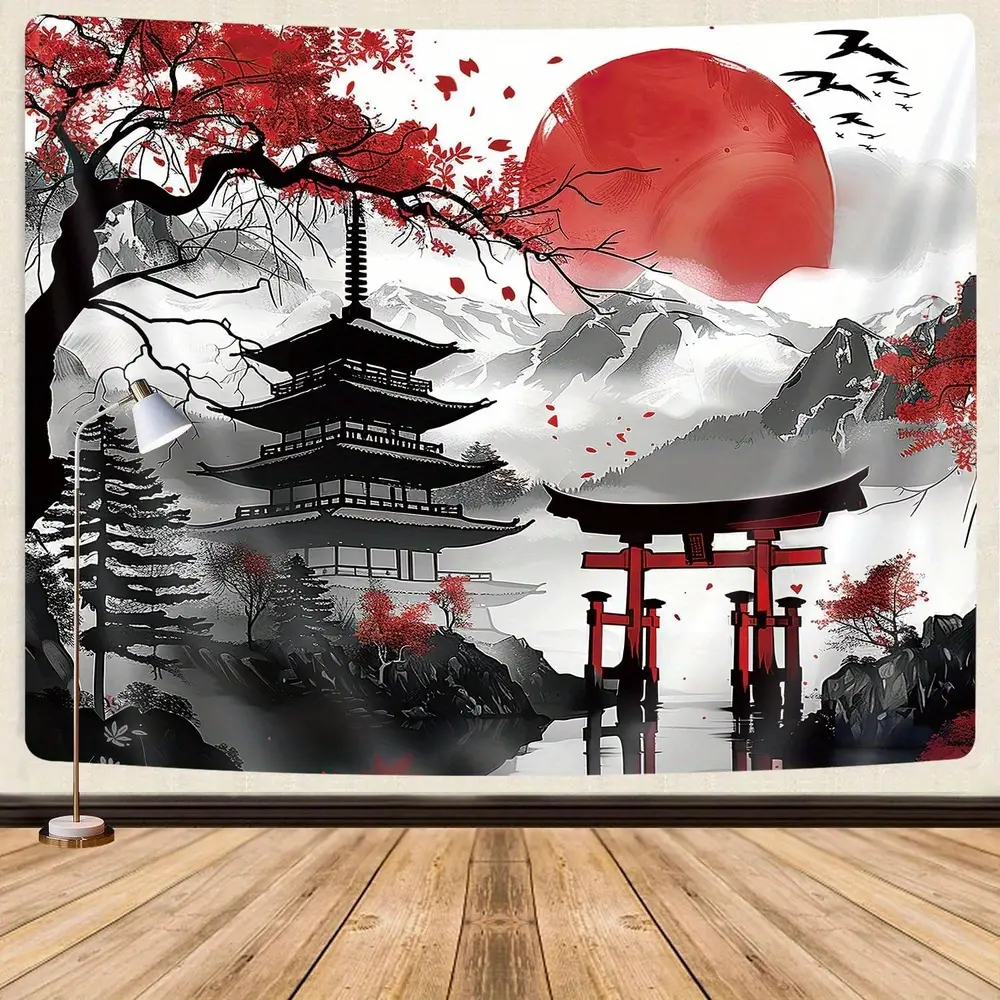 Japanese Anime Print Tapestry - Vintage Floral Cherry Blossoms, Torii Gate, Pagoda, Oriental Woven Animals Wall Art, Vibrant Red-Black Polyester Peach Skin Fabric, Machine Washable, Ideal for Living Room, College Dorm Decor, Oriental Woven Wall Art