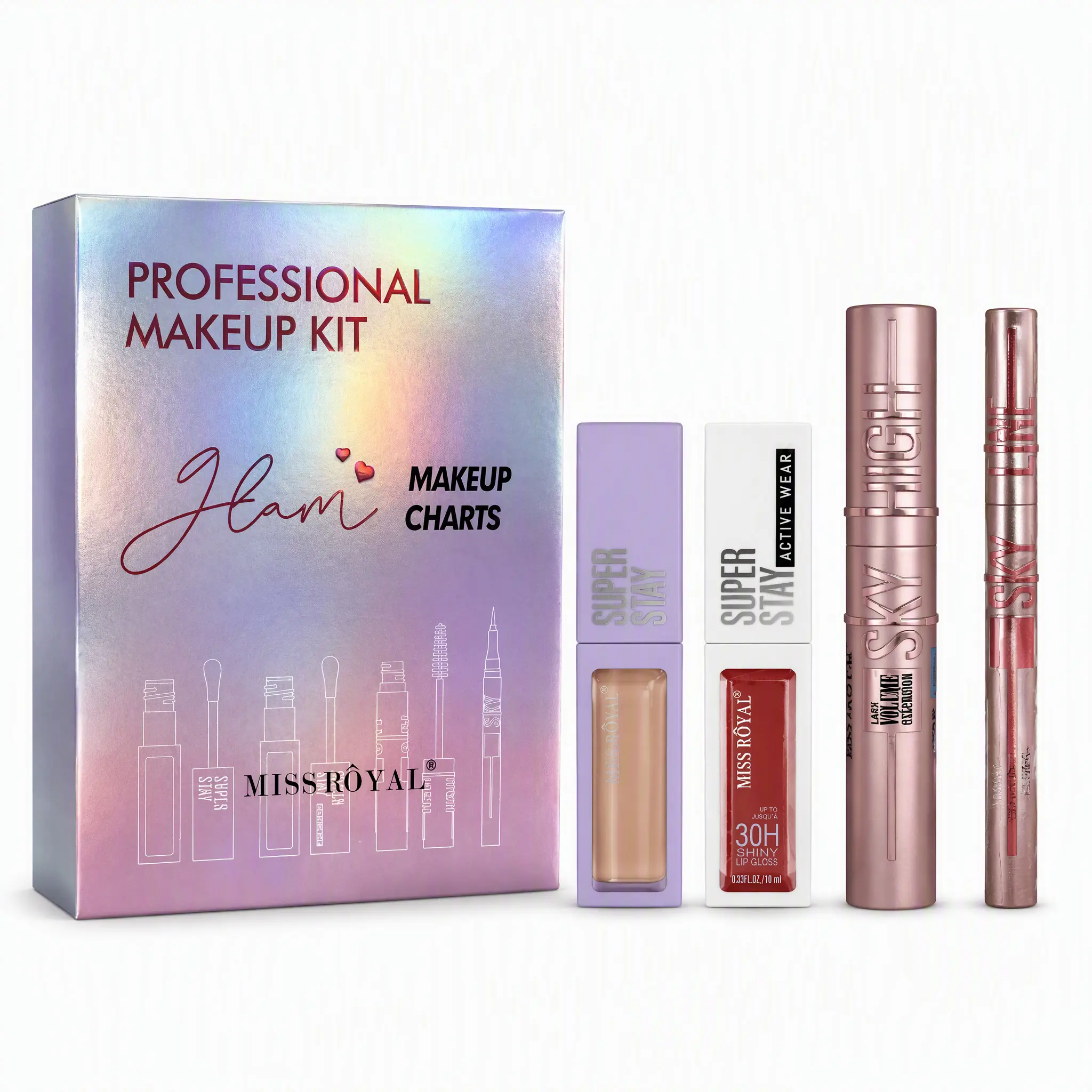 Fashionable makeup gift box set, free of preservatives, suitable for office workers, college students, moms, and beginners — suitable for all skin types, includes liquid foundation, lipstick, mascara, eyeliner, and lip gloss; portable, ideal as a Christma