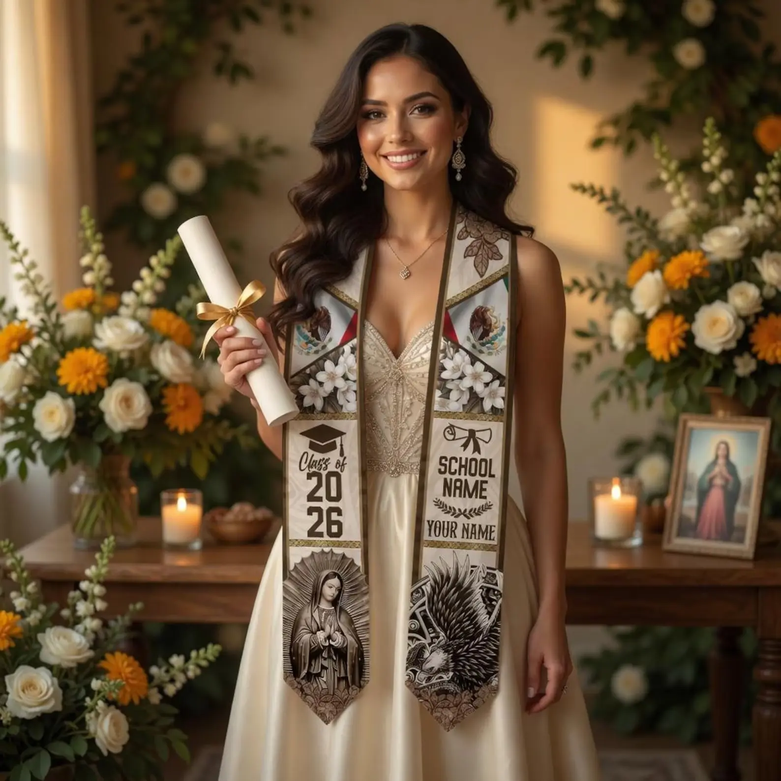 Catholic Graduation Stole 2026, Virgen de Guadalupe Mexican Floral Sash, Personalized Name Printed Grad Stole, Religious Graduation Gift Keepsake