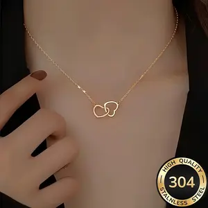 1 piece high-quality hypoallergenic fashion double heart pendant stainless steel heart necklace, elegant and minimalist daily wear style, 18K gold-plated stainless steel pendant necklace for ladies and girls - ultra-slim alloy choker