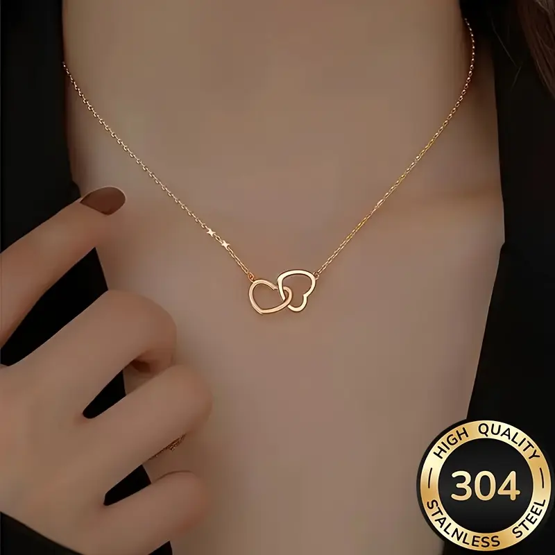 1 piece high-quality hypoallergenic fashion double heart pendant stainless steel heart necklace, elegant and minimalist daily wear style, 18K gold-plated stainless steel pendant necklace for ladies and girls - ultra-slim alloy choker