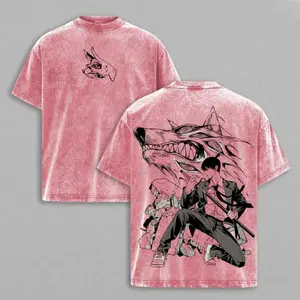 Aki Hayakawa x Kon Tee Washed – Chainsaw Man Vintage Wash Heavy Cotton Oversize Anime Manga Top, Retro Streetwear Graphic Tee for Devil Hunter Fans