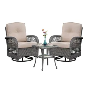 3 Pieces Conversation Set, Outdoor Wicker Rocker Swivel Patio Bistro Set, Rocking Chair with Glass Top Side Table, Grey