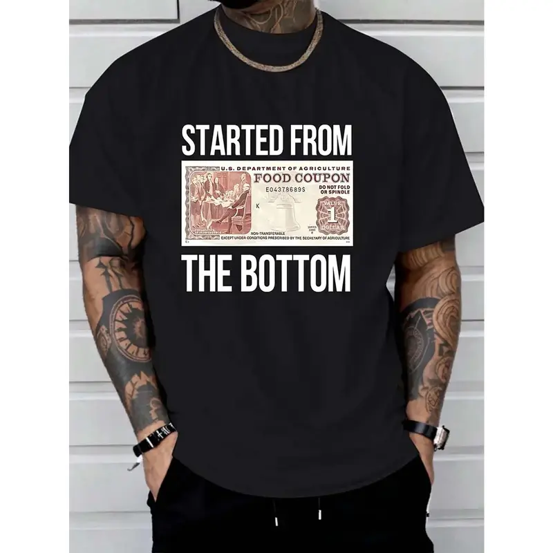 100% Cotton Men'S Black Cotton T-Shirt - Started From The Bottom Graphic Tee - Soft Breathable Crew Neck Shirt - Regular Fit Everyday Casual Streetwear Machine Washable All-Season Apparel, Summer Comfort Clothing, Bold  Golf Gift T-Shirt For Men And Women